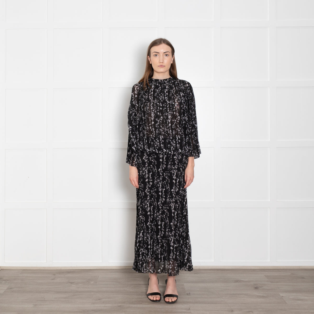 Ba & Sh Black White Floral Sheer Pleated Top