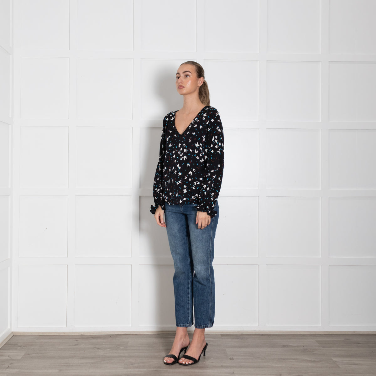 DVF Black White Blue Print Silk Top