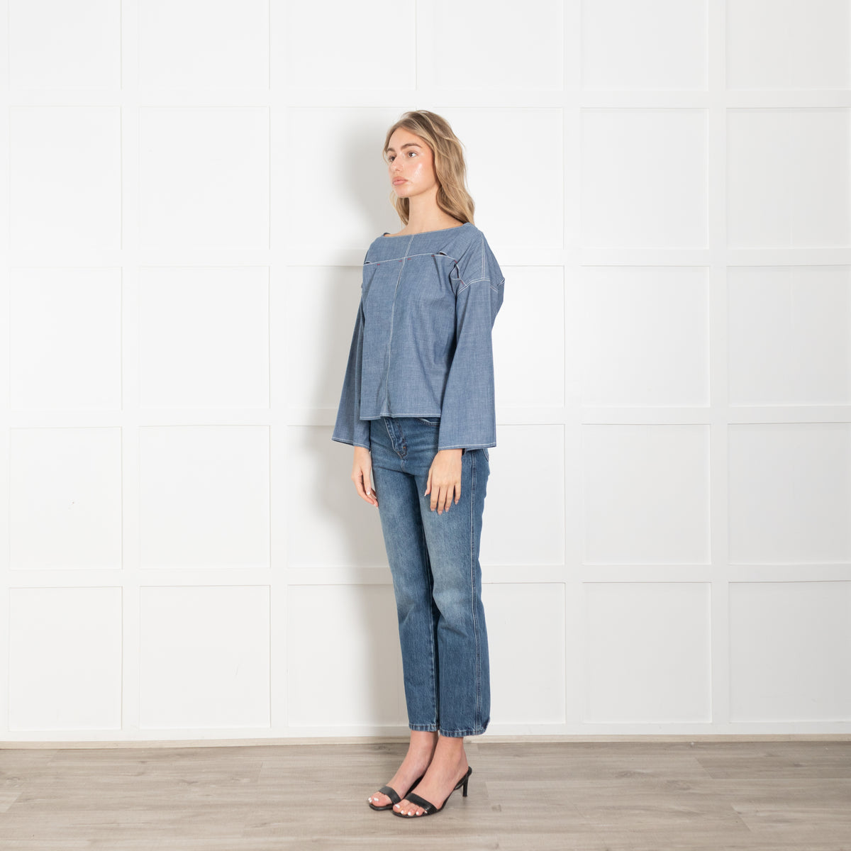 Marni Blue Light Denim Red Stitch Boat Neck Top