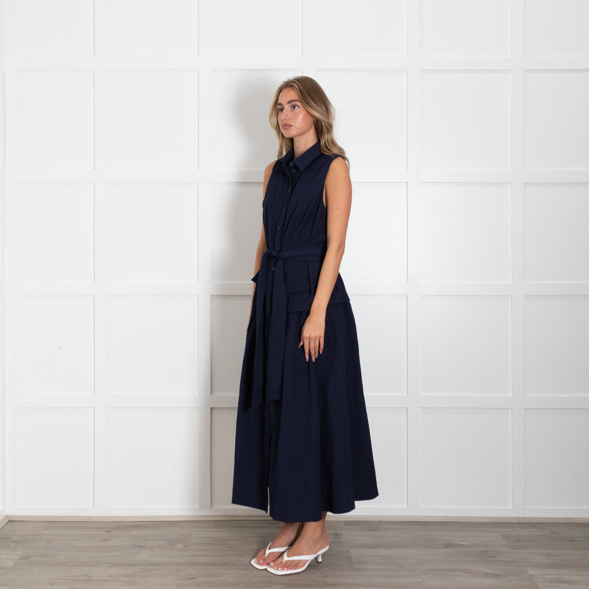 Me + Em Navy Sleeveless Textured Dress With Dropped Waist And Belt