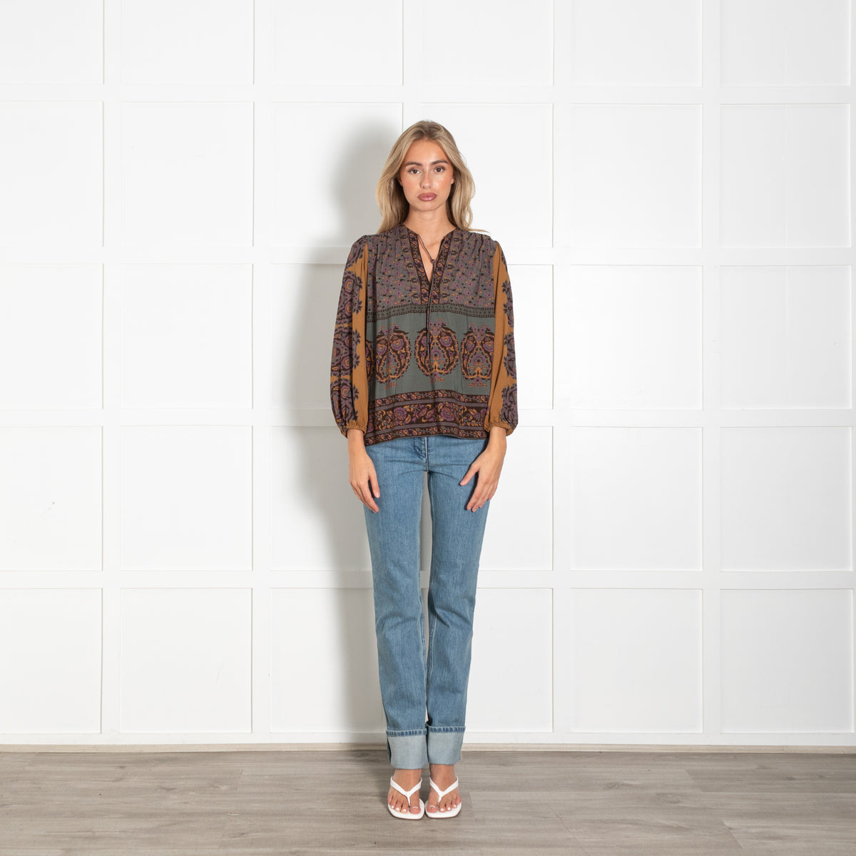 Bash Green Tan Lilac Floral Top