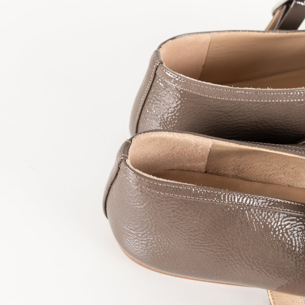 Le Monde Beryl Taupe Patent Leather Stella Slipper With Buckle Strap
