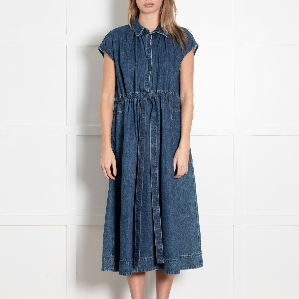 CO Blue Denim Sleeveless Ruched Waist Midi Dress