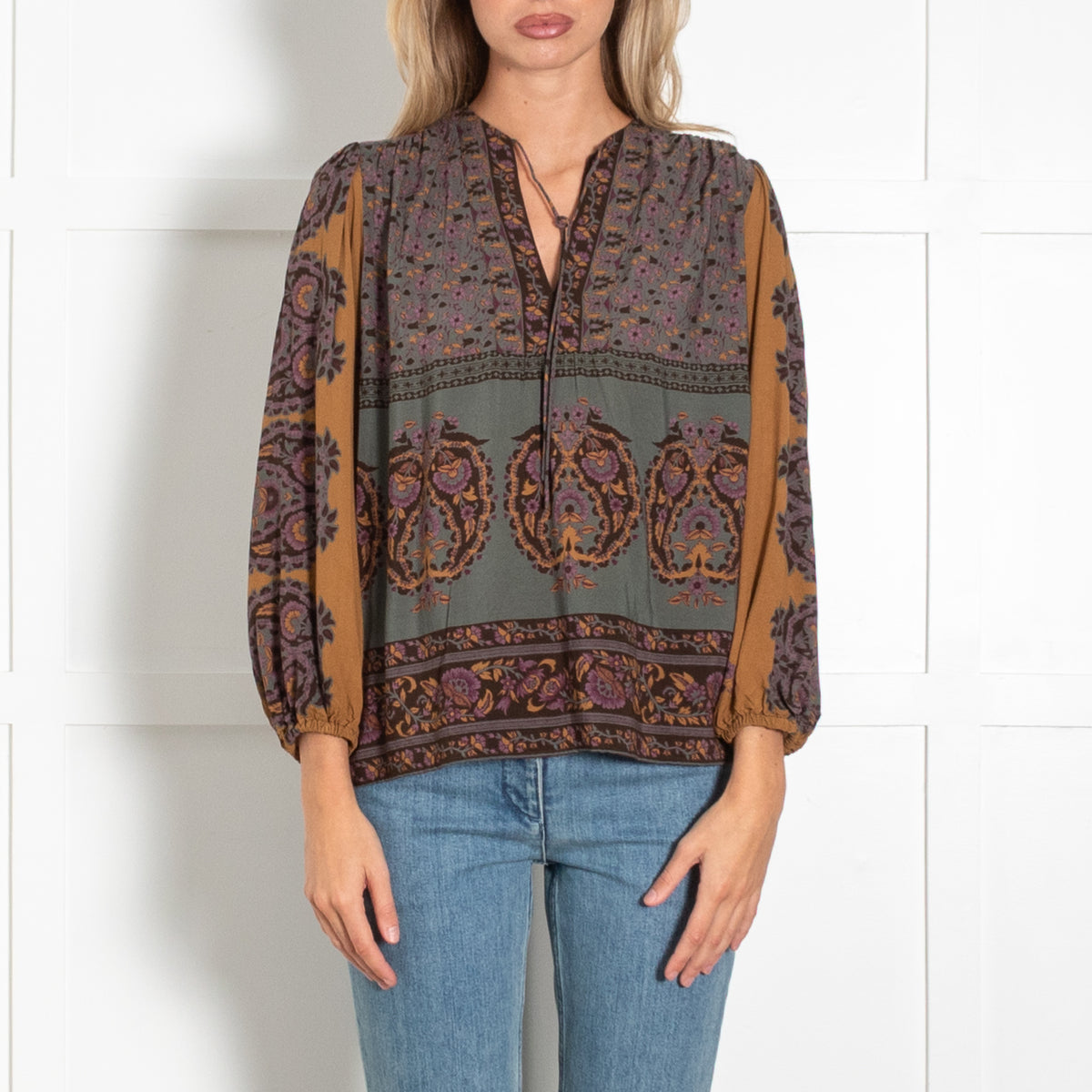 Bash Green Tan Lilac Floral Top