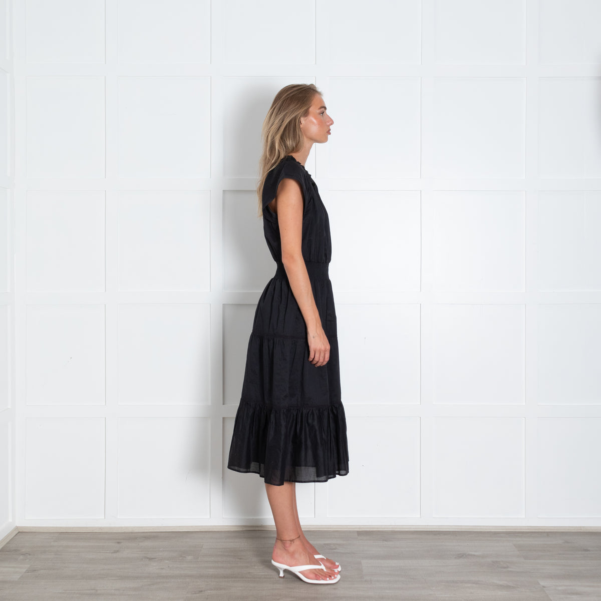 Rails Black Cinch Waist V Neck Tiered Dress