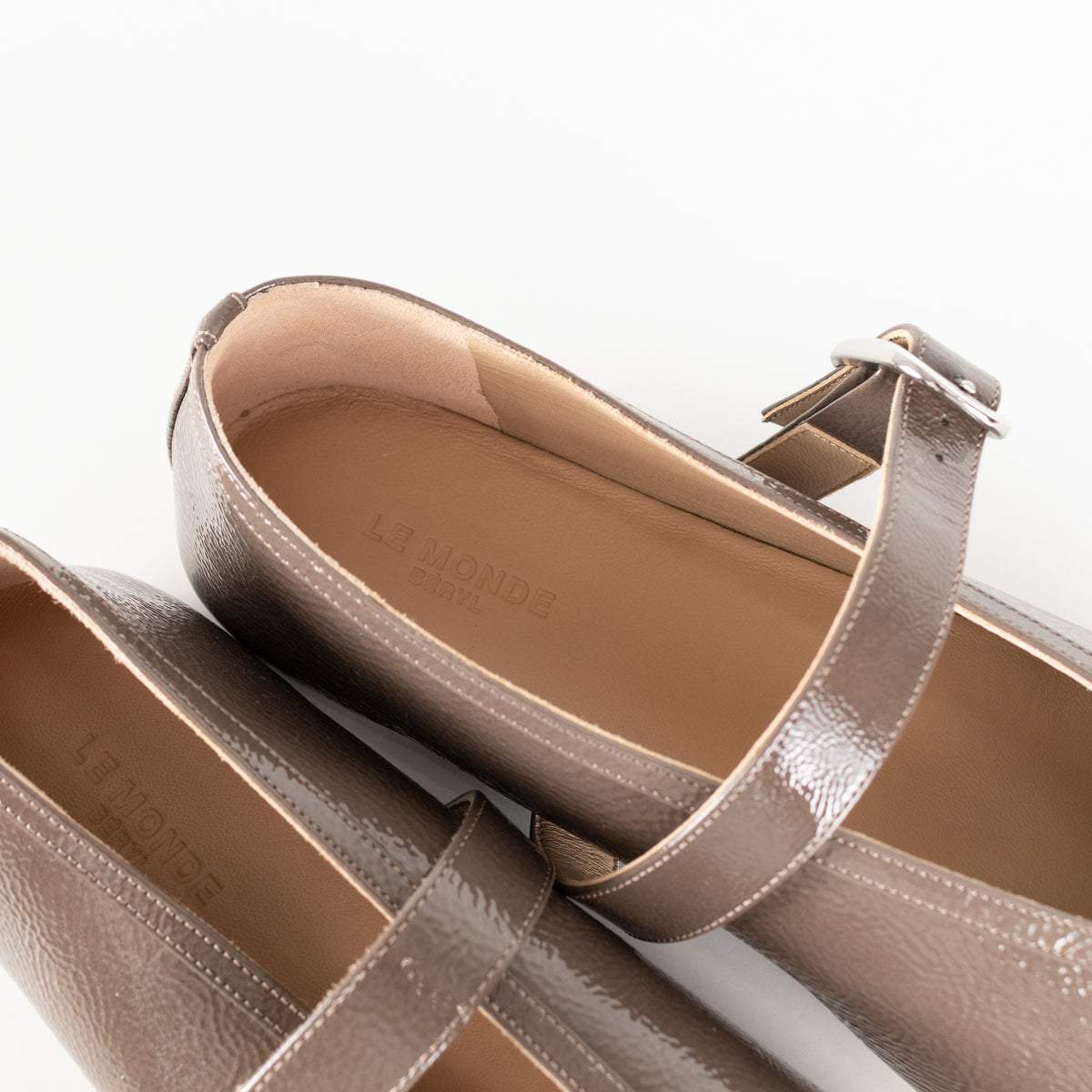 Le Monde Beryl Taupe Patent Leather Stella Slipper With Buckle Strap