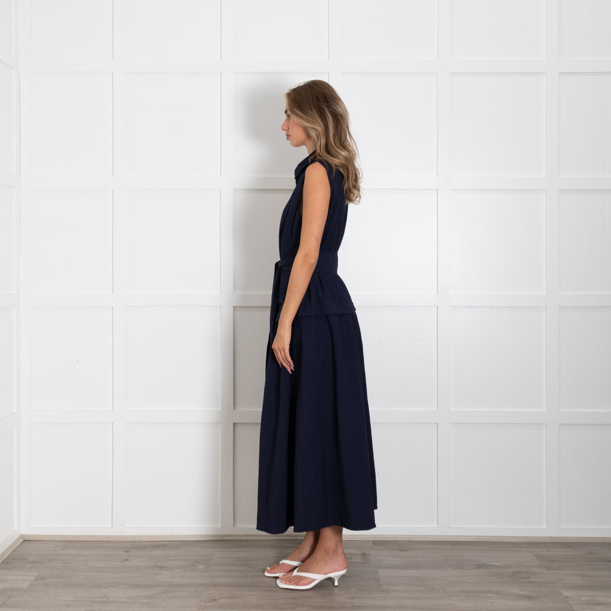 Me + Em Navy Sleeveless Textured Dress With Dropped Waist And Belt