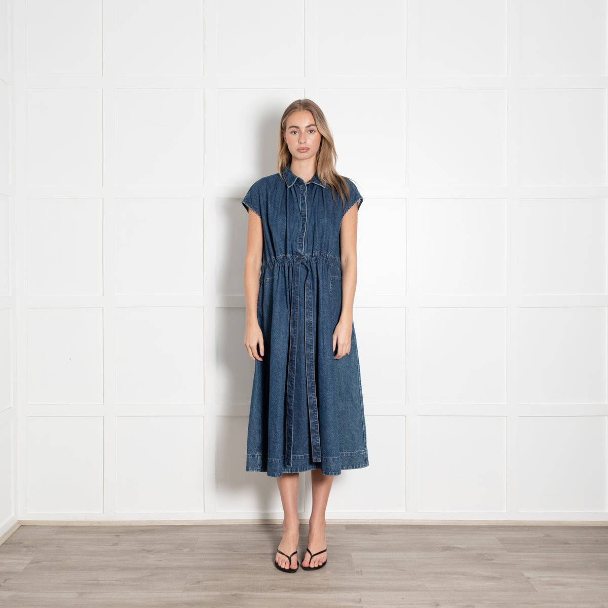 CO Blue Denim Sleeveless Ruched Waist Midi Dress