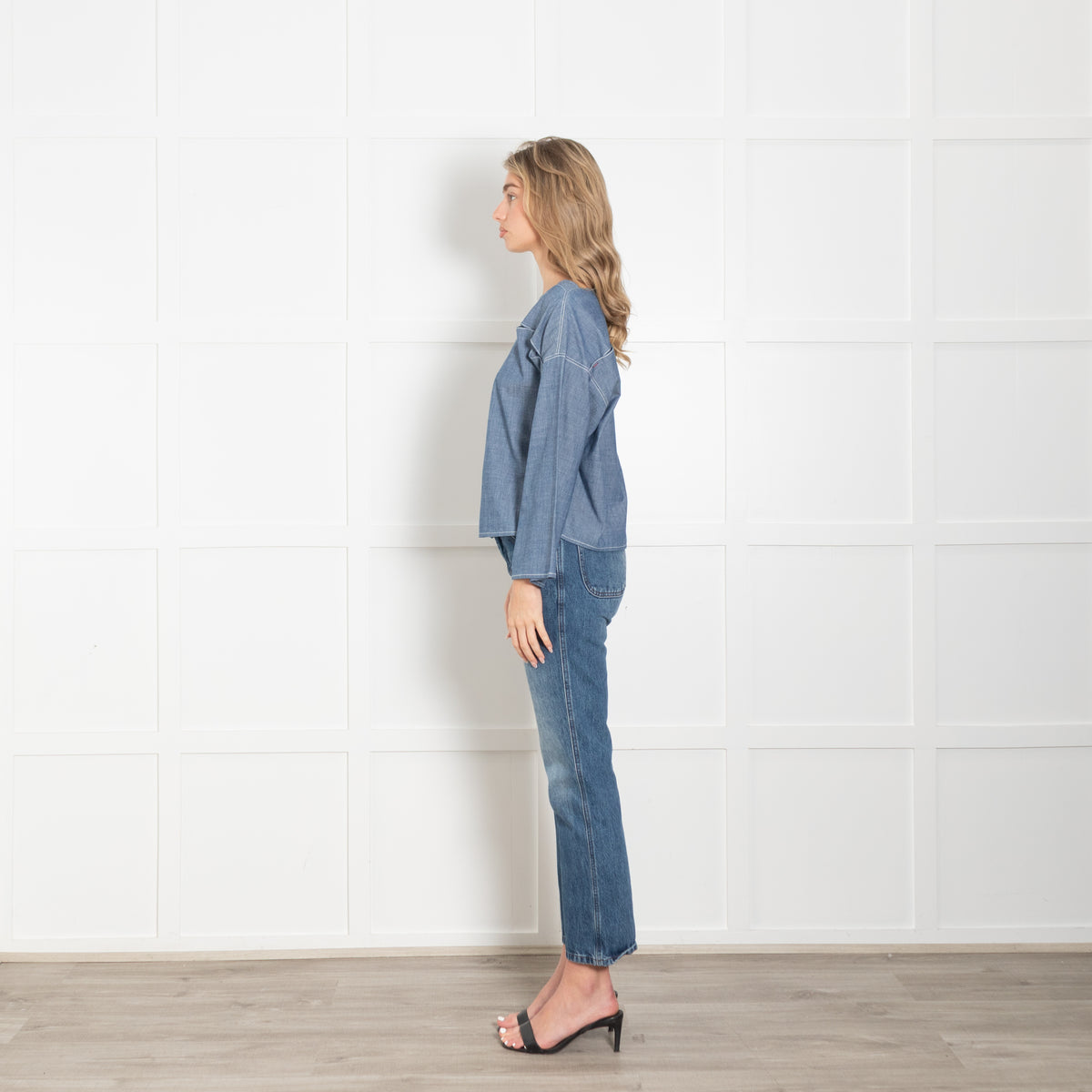 Marni Blue Light Denim Red Stitch Boat Neck Top