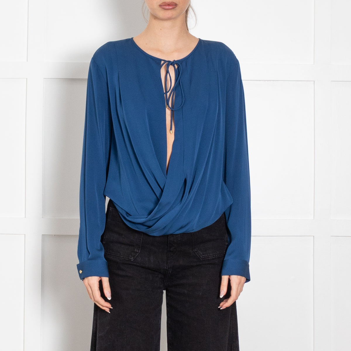 Diane Von Furstenberg Teal Twist Front Tie Neck Top