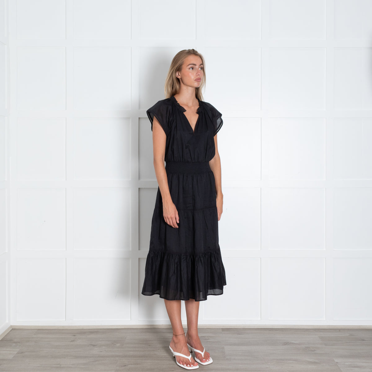 Rails Black Cinch Waist V Neck Tiered Dress