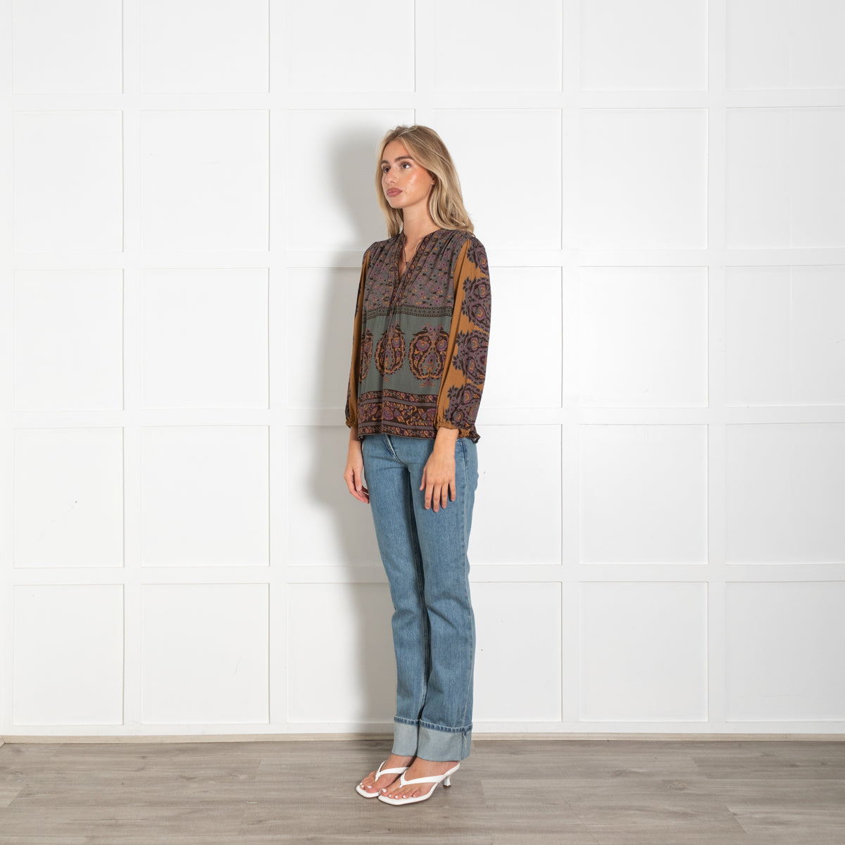 Bash Green Tan Lilac Floral Top