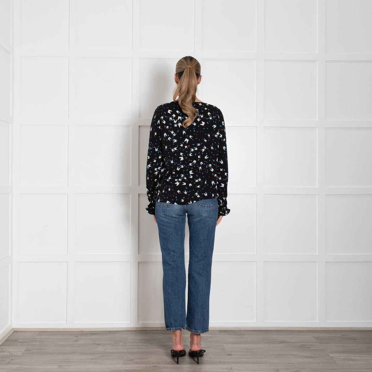 DVF Black White Blue Print Silk Top