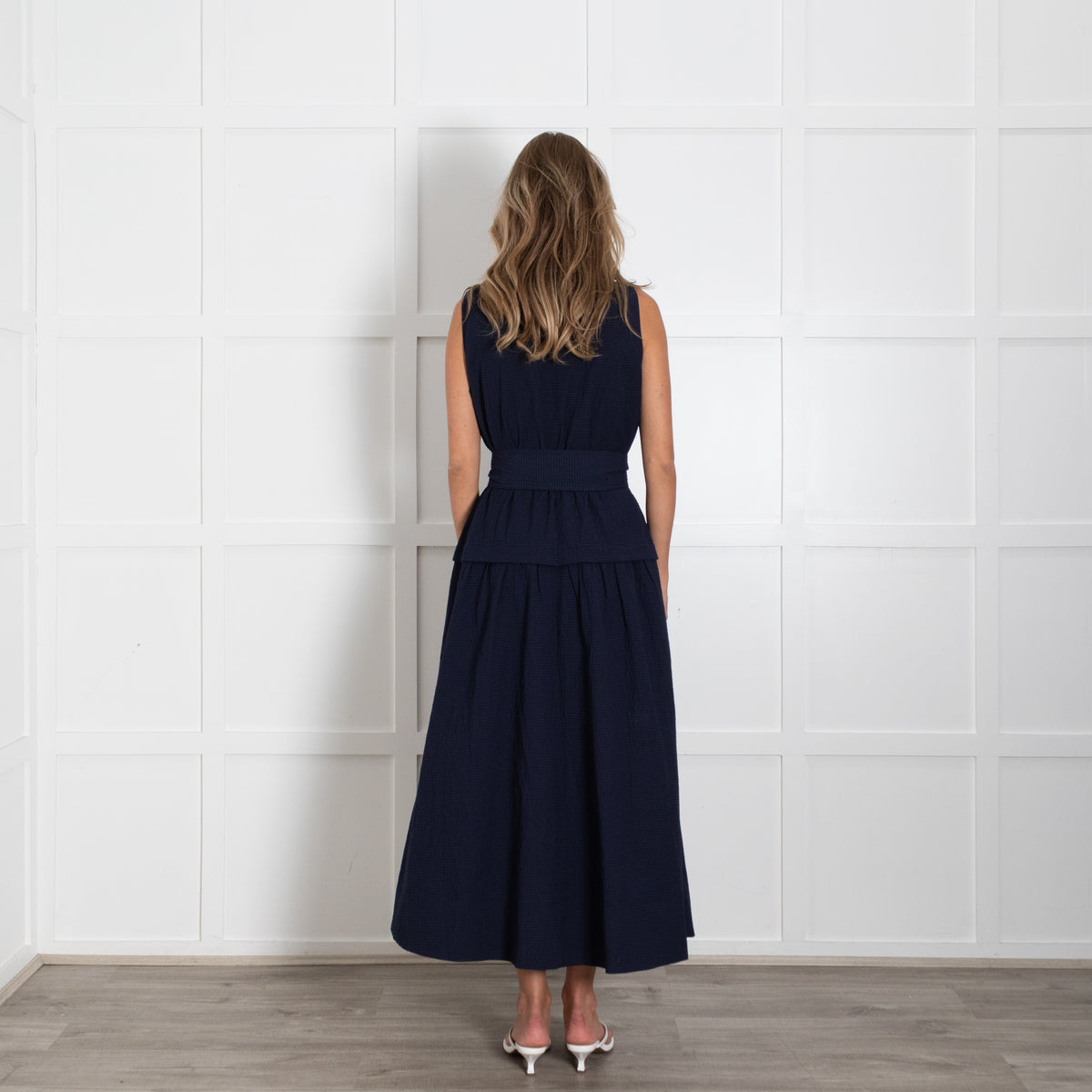 Me + Em Navy Sleeveless Textured Dress With Dropped Waist And Belt