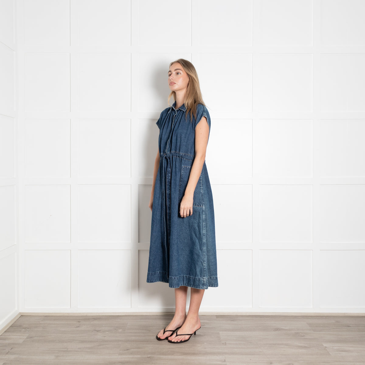 CO Blue Denim Sleeveless Ruched Waist Midi Dress