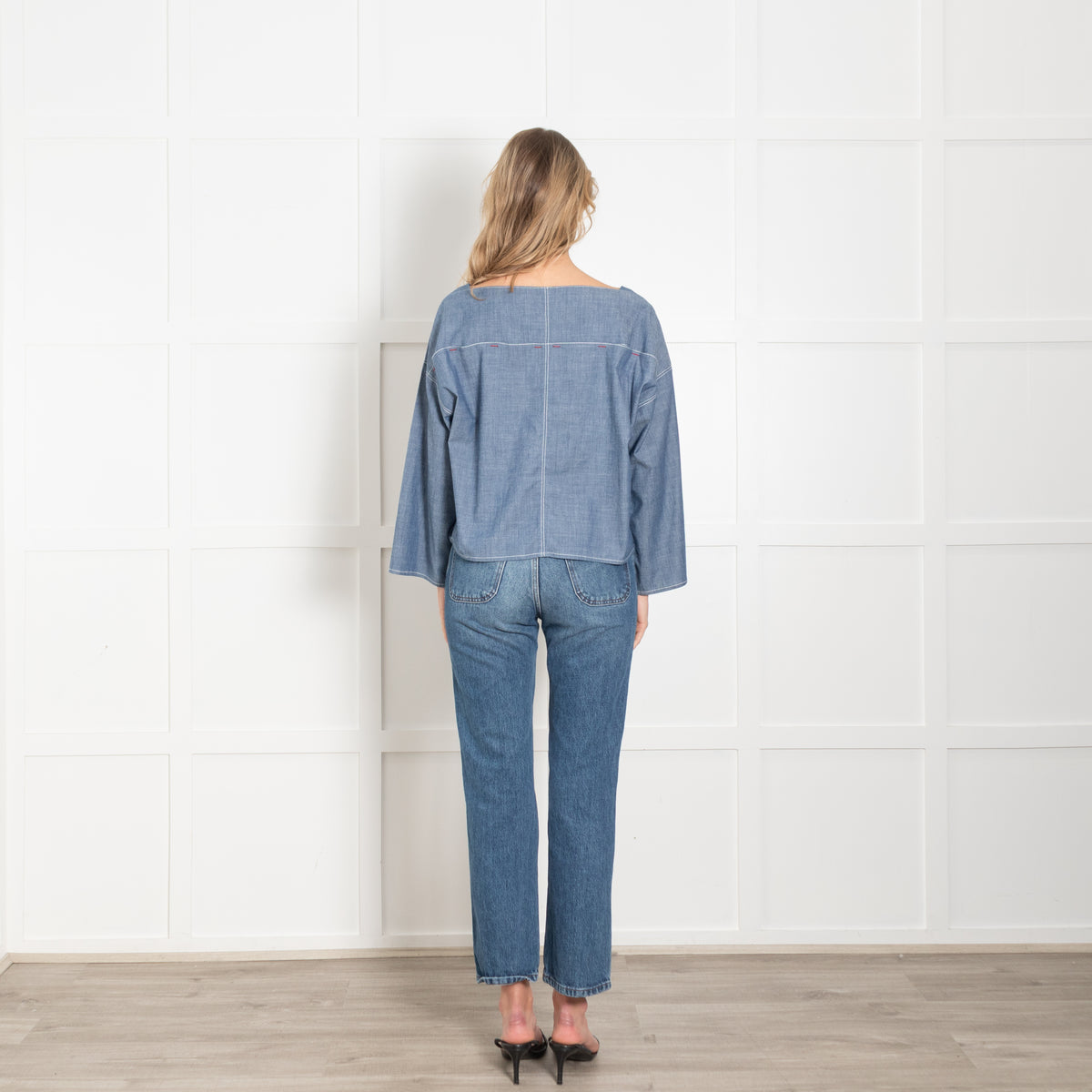 Marni Blue Light Denim Red Stitch Boat Neck Top