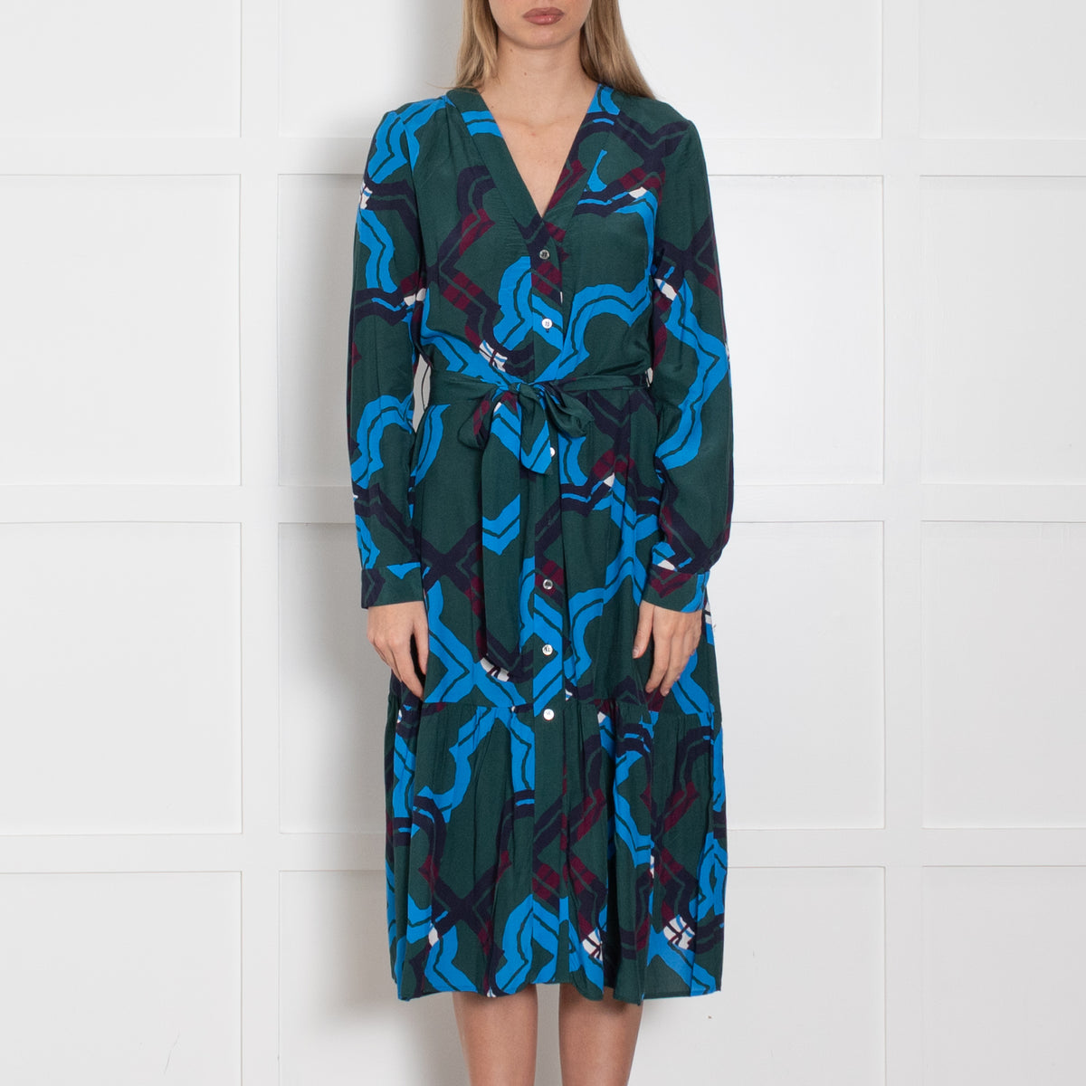 Iris & ink Green Blue Pattern Front Open Belted Midi Dress