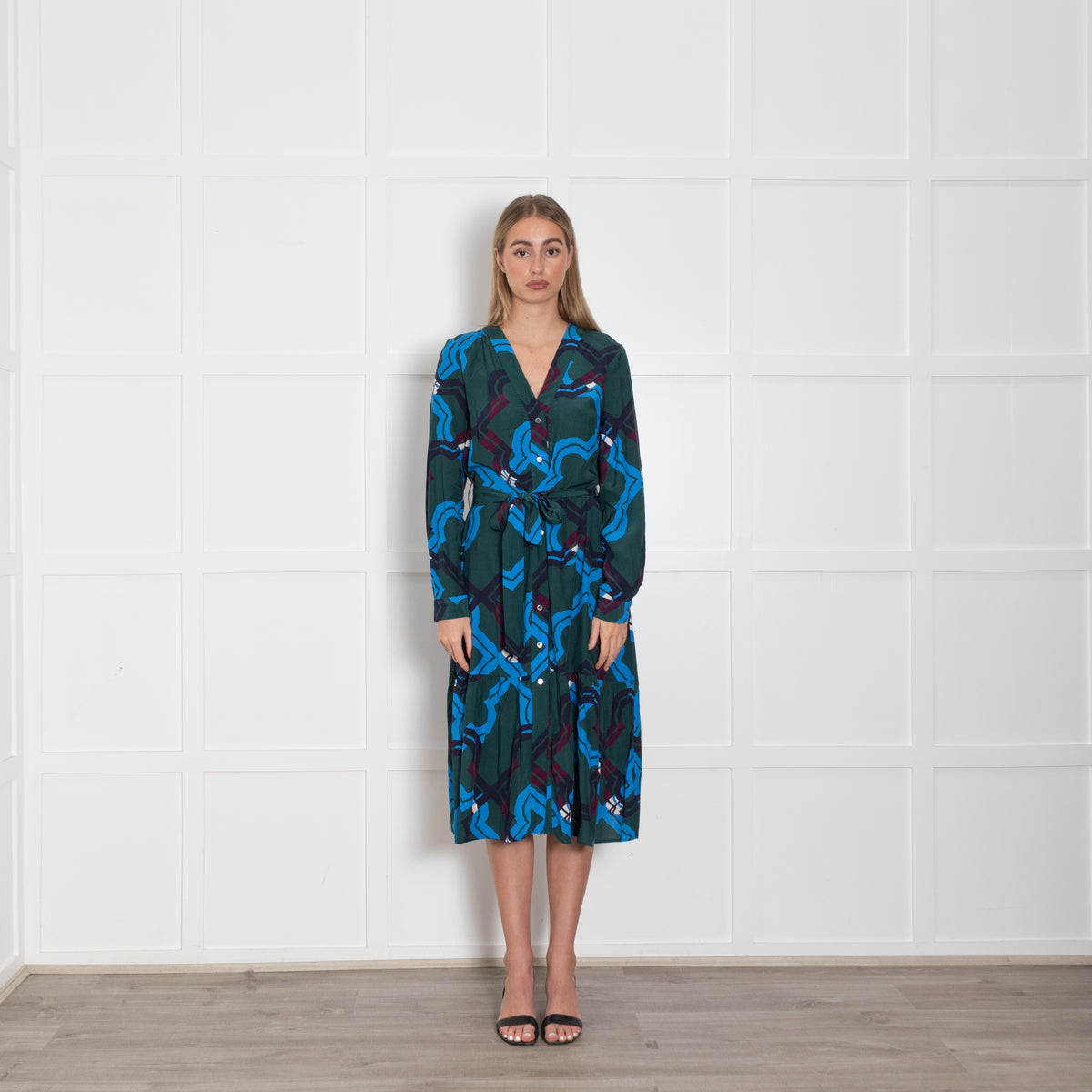 Iris & ink Green Blue Pattern Front Open Belted Midi Dress