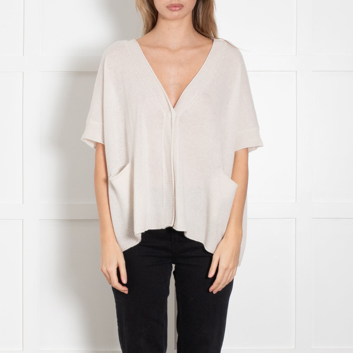 Le Tricot Perugia Cream Cashmere Over Sized Short Sleeve Top