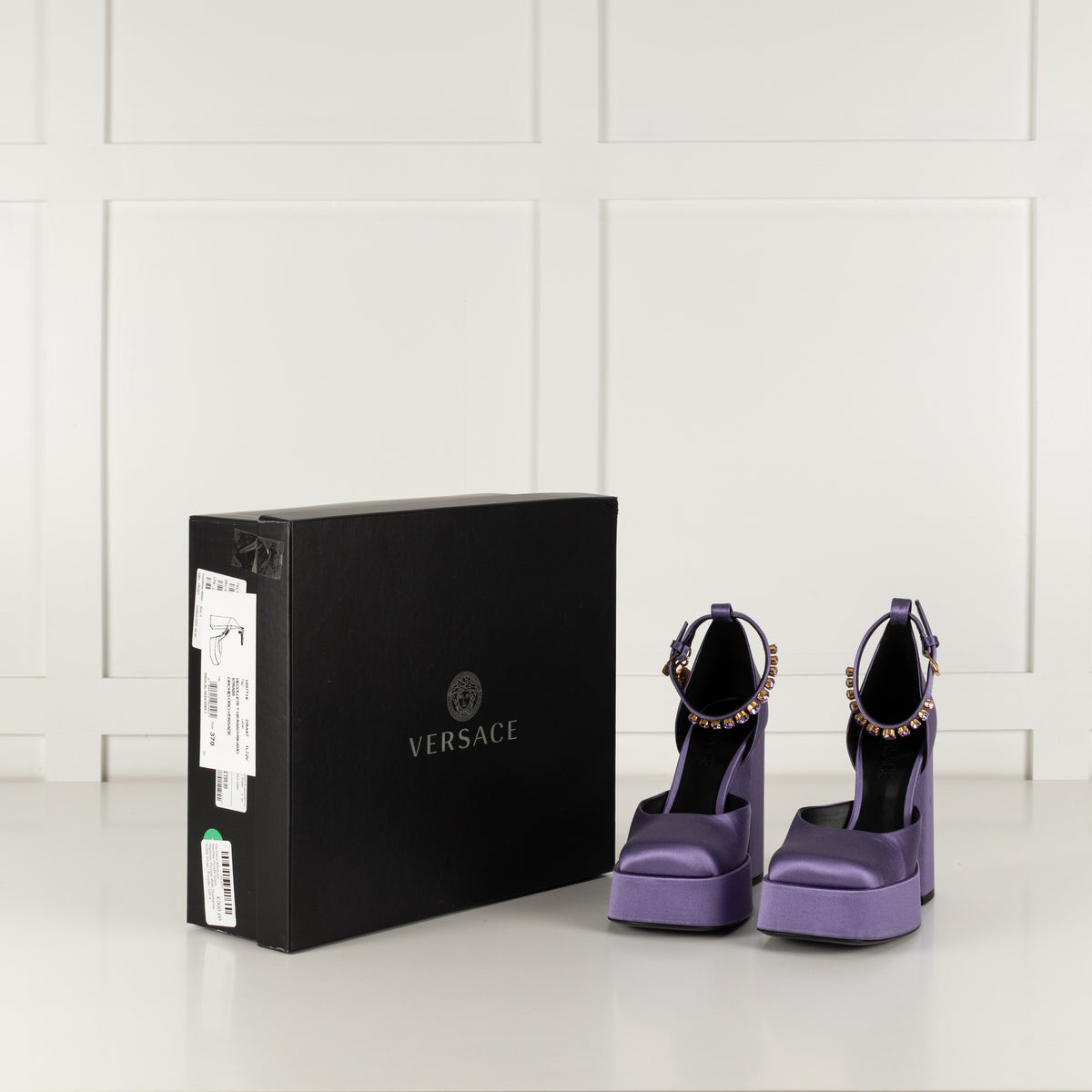 Versace Medusa Aevitas Purple Satin Platform Pumps With Diamente Ankle Strap