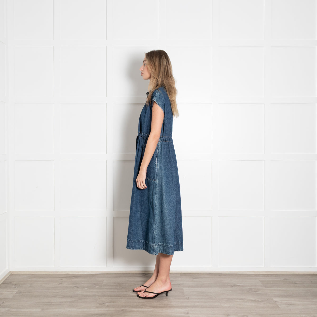 CO Blue Denim Sleeveless Ruched Waist Midi Dress