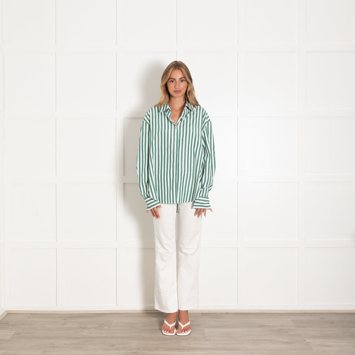 The Frankie Shop Green And White Stripe Oversized Shirt