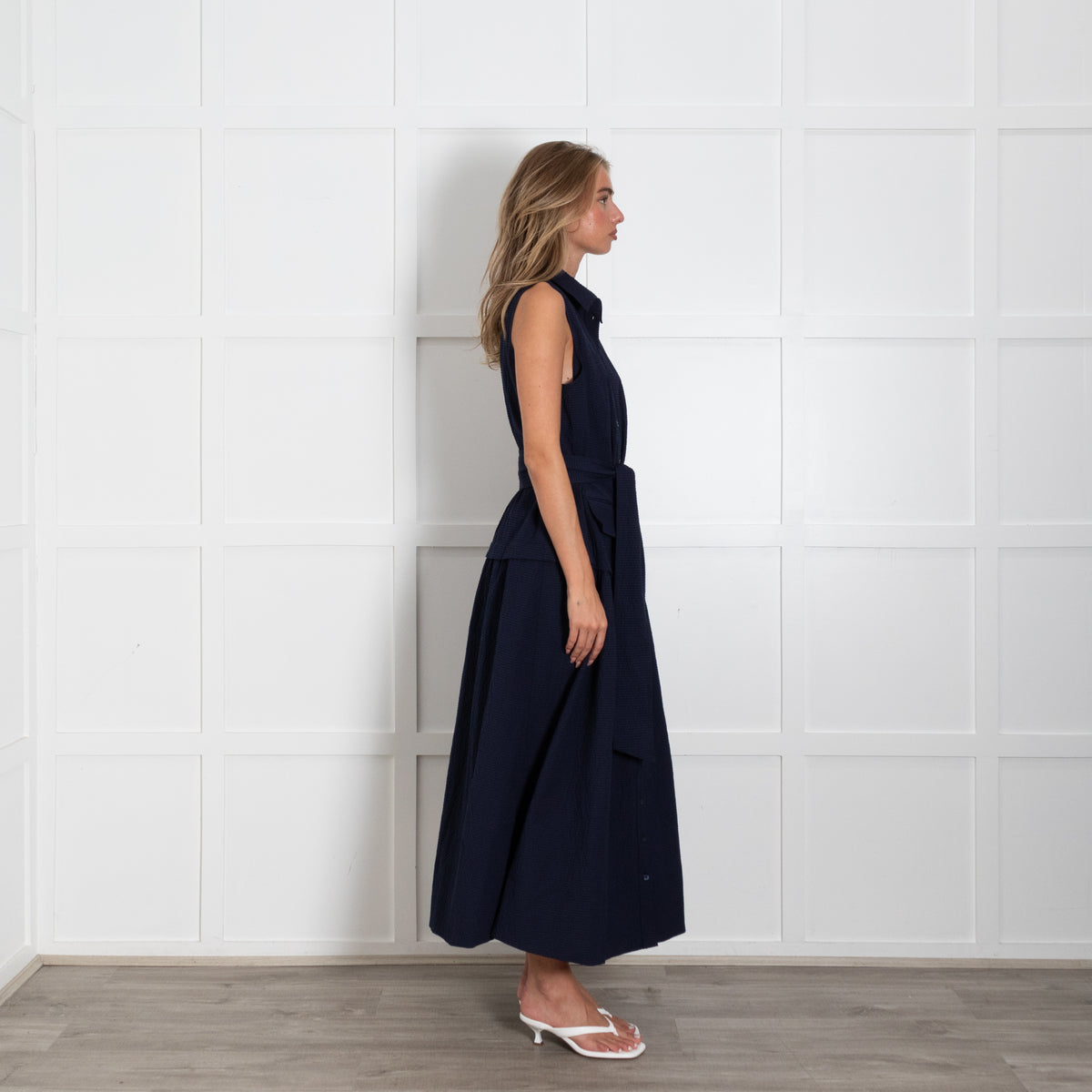 Me + Em Navy Sleeveless Textured Dress With Dropped Waist And Belt