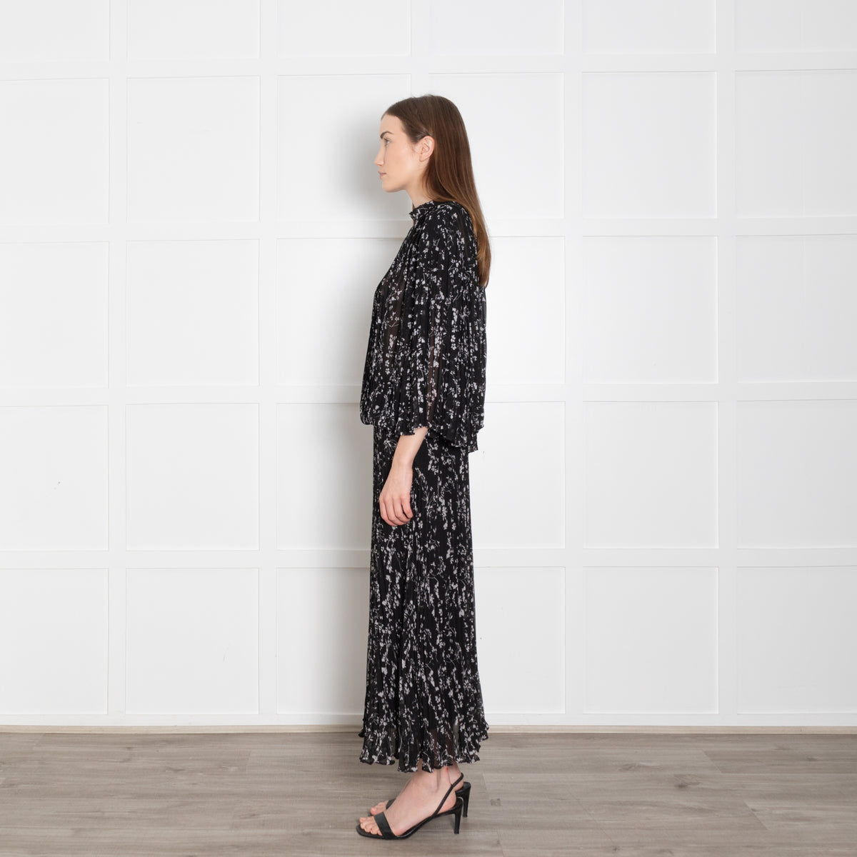 Ba & Sh Black White Floral Sheer Pleated Top