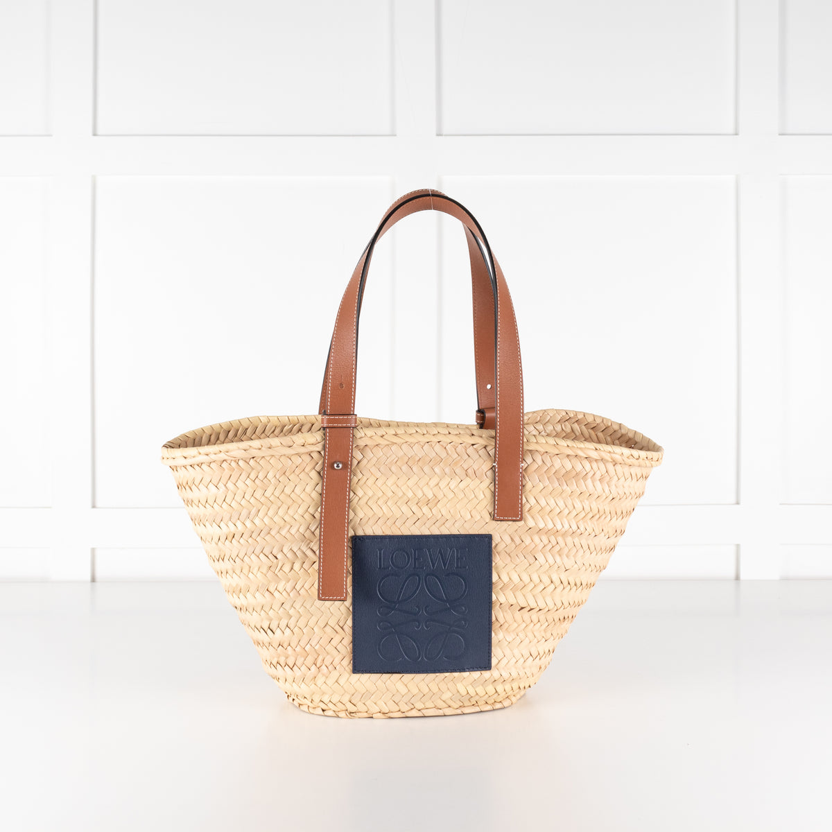 Loewe Tan Raffia Basket Bag With Navy Anagram Logo