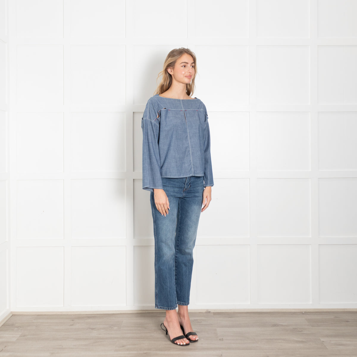 Marni Blue Light Denim Red Stitch Boat Neck Top