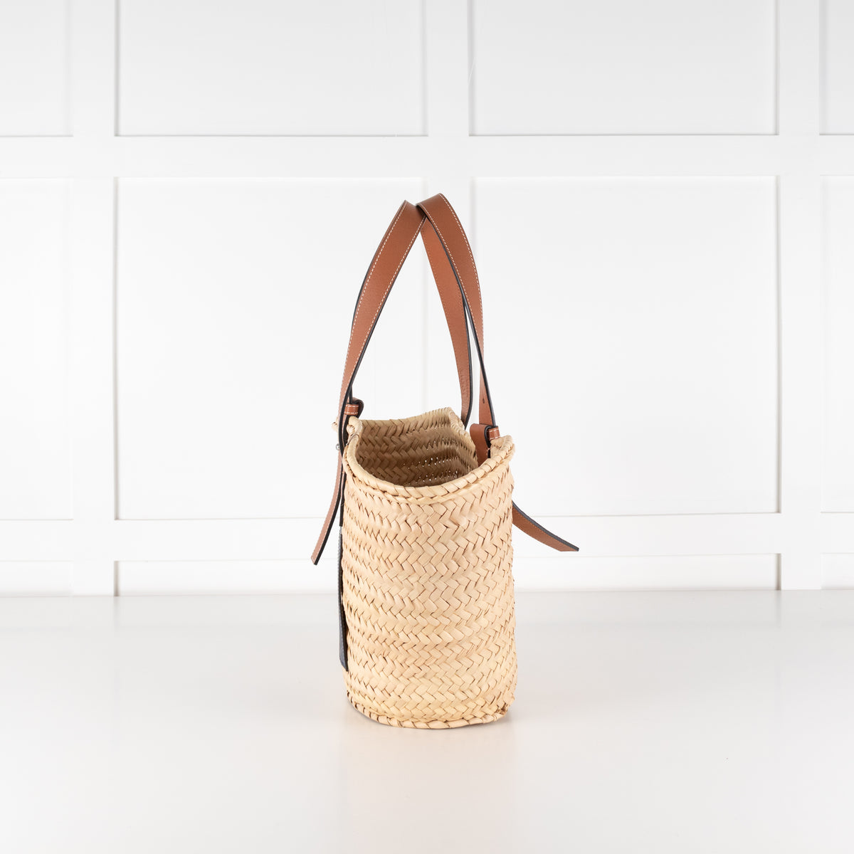 Loewe Tan Raffia Basket Bag With Navy Anagram Logo