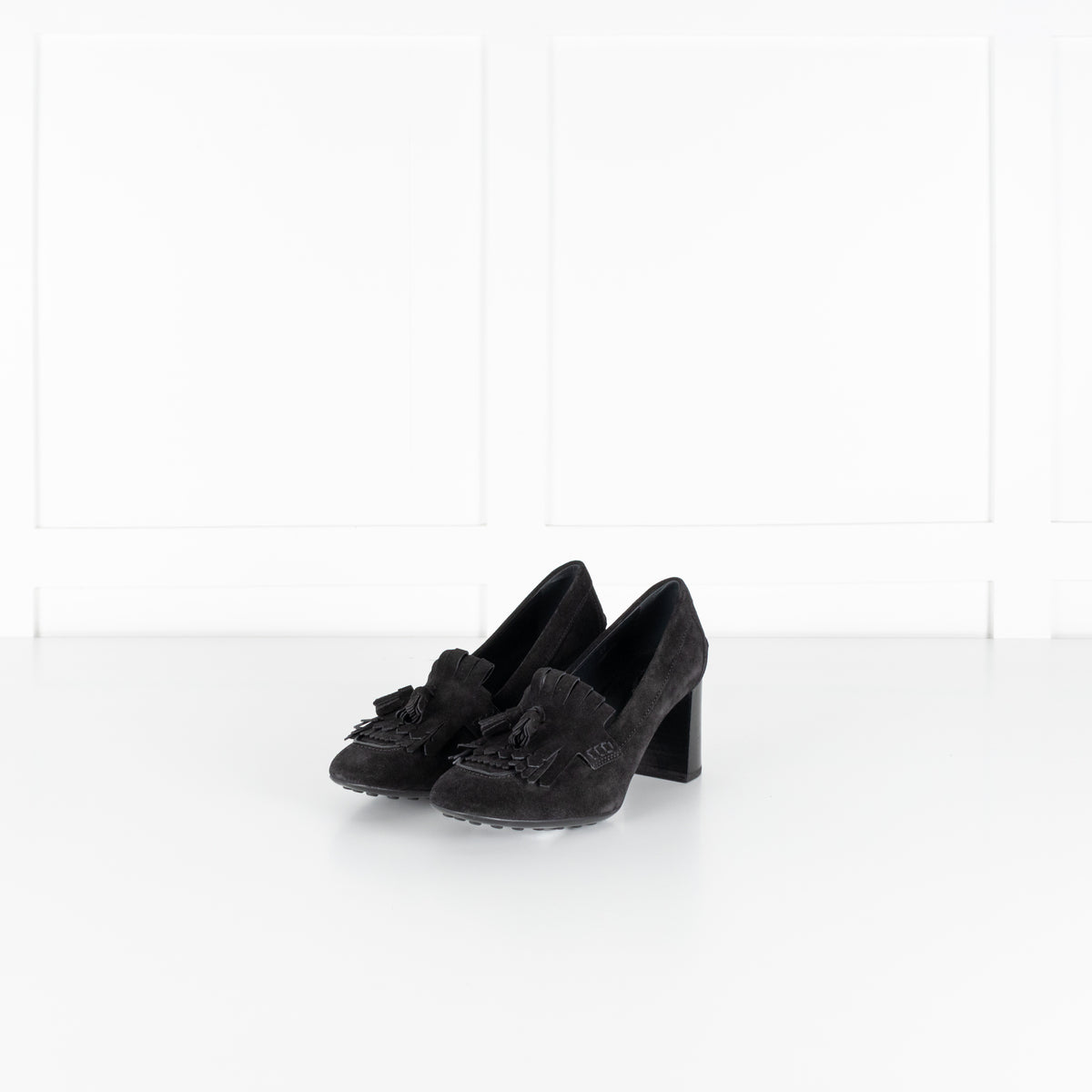 Tod's Black Suede Gomma Heeled Tasselled Loafer
