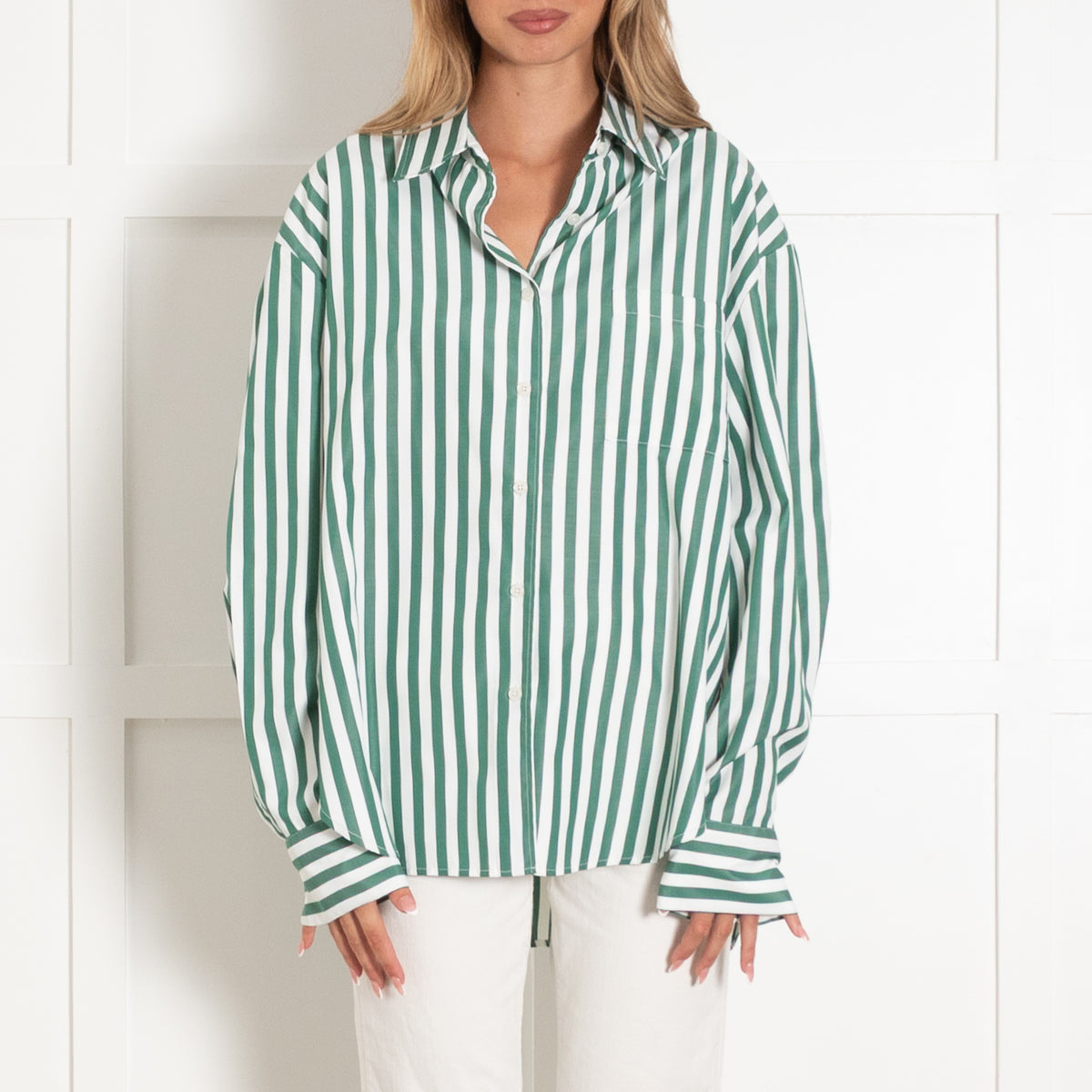 The Frankie Shop Green And White Stripe Oversized Shirt