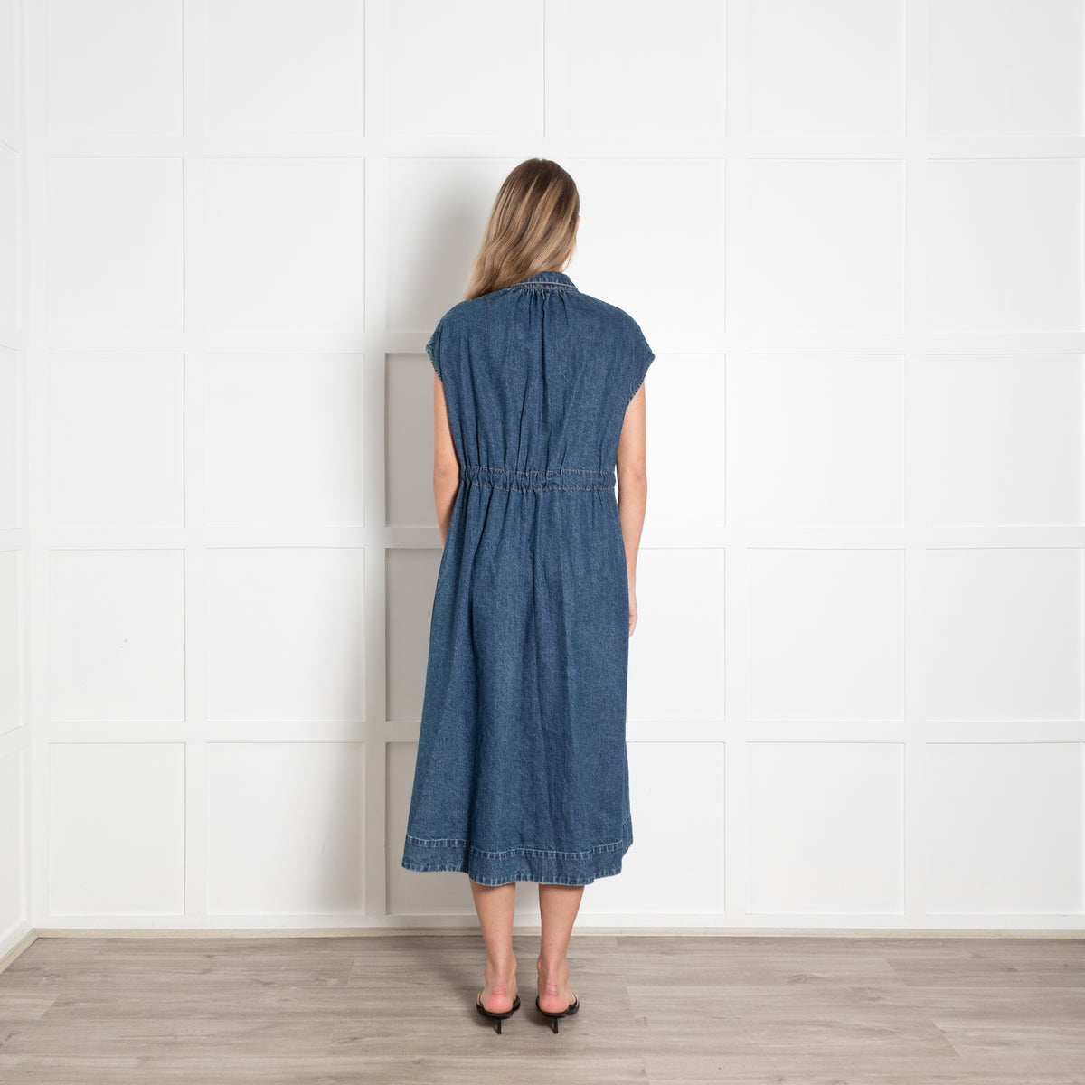 CO Blue Denim Sleeveless Ruched Waist Midi Dress