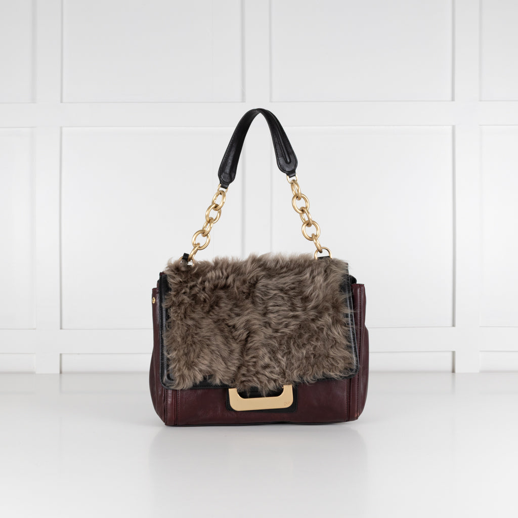 Diane Von Furstenberg Burgundy Fur Flap Harper Charlotte Shoulder Bag