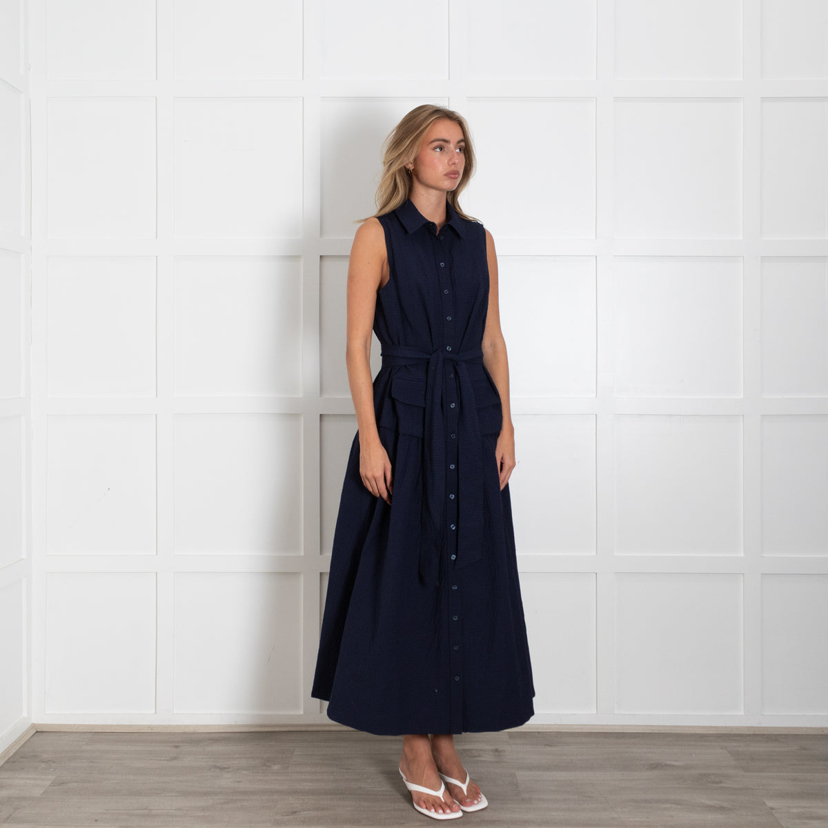 Me + Em Navy Sleeveless Textured Dress With Dropped Waist And Belt