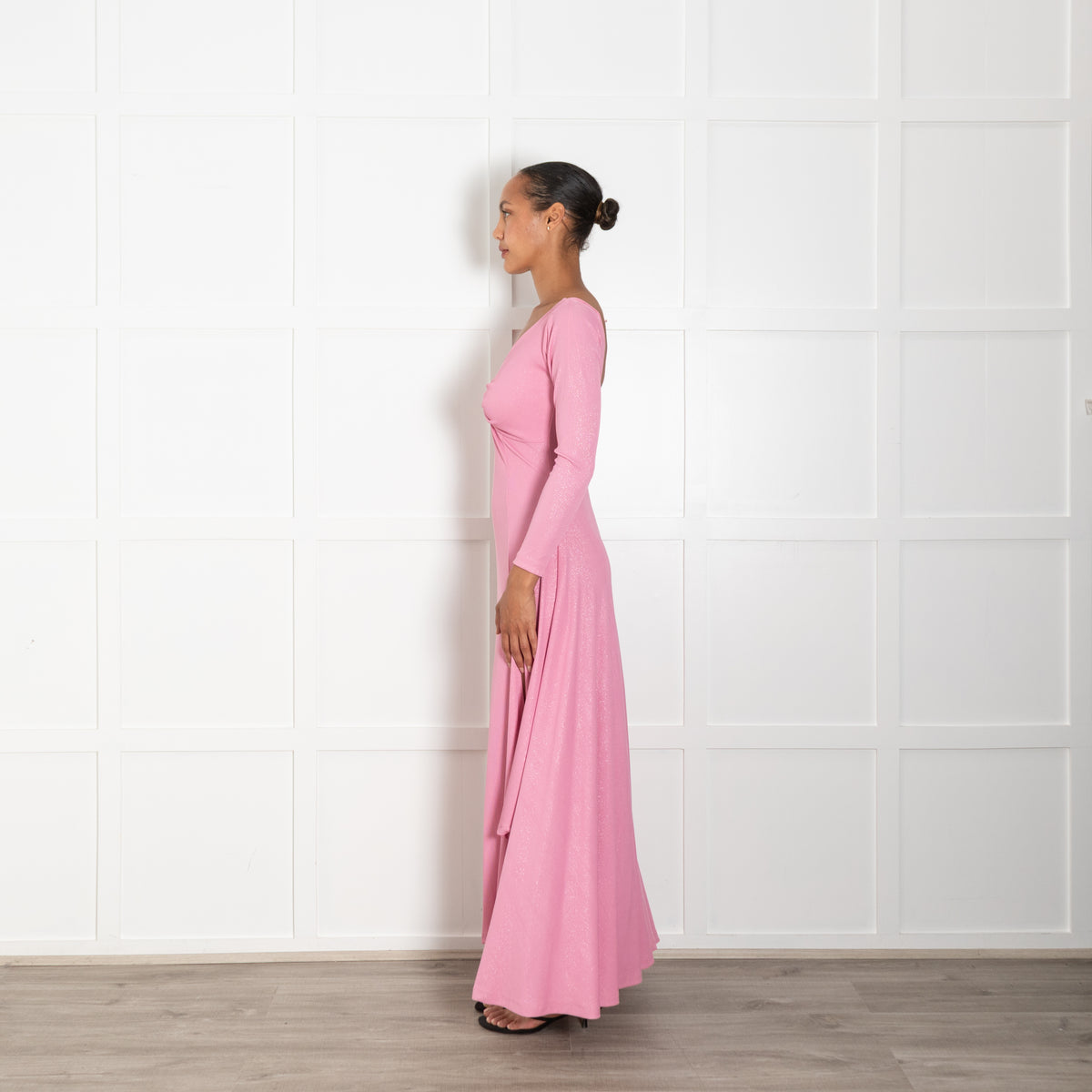Gul Hurgel Pink Sparkly Maxi, Front Splits,  L/Sleeve Knot Front Dress