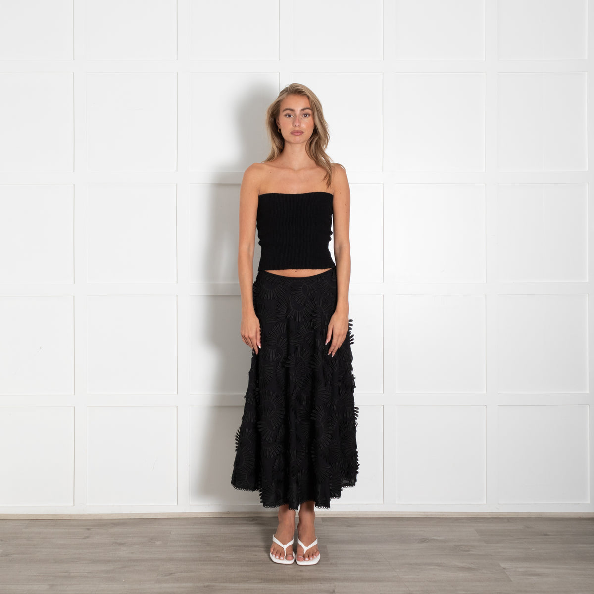 Beatrice Black A Line Midi Skirt With Flower Ribboning