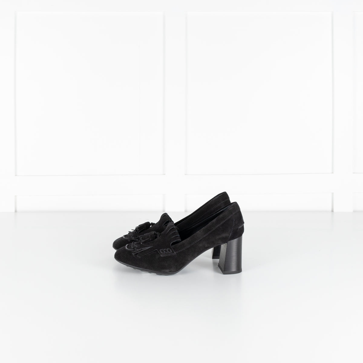 Tod's Black Suede Gomma Heeled Tasselled Loafer