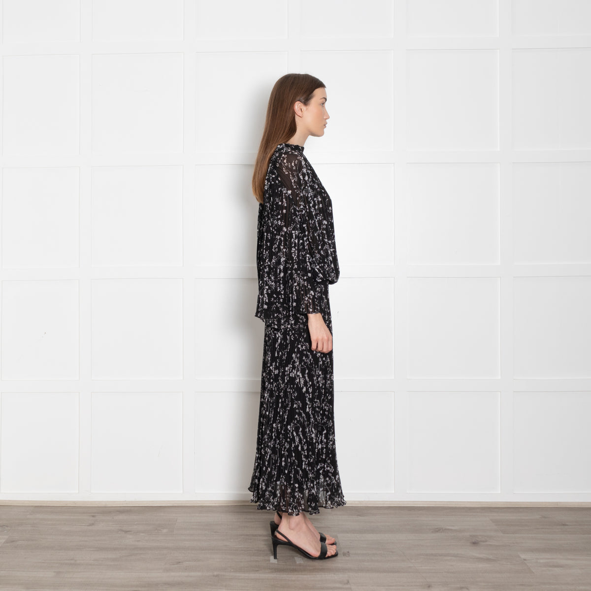 Ba & Sh Black White Floral Sheer Pleated Top