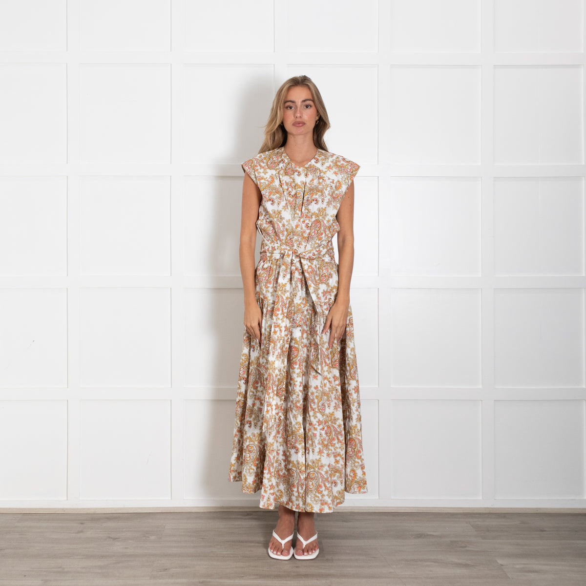 Me + Em Yellow and Orange Paisley Dress With Belt