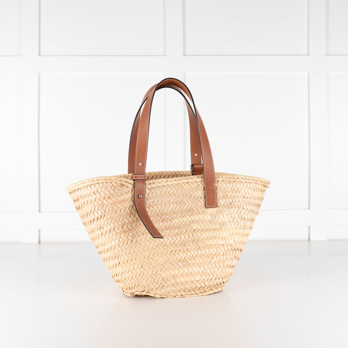 Loewe Tan Raffia Basket Bag With Navy Anagram Logo
