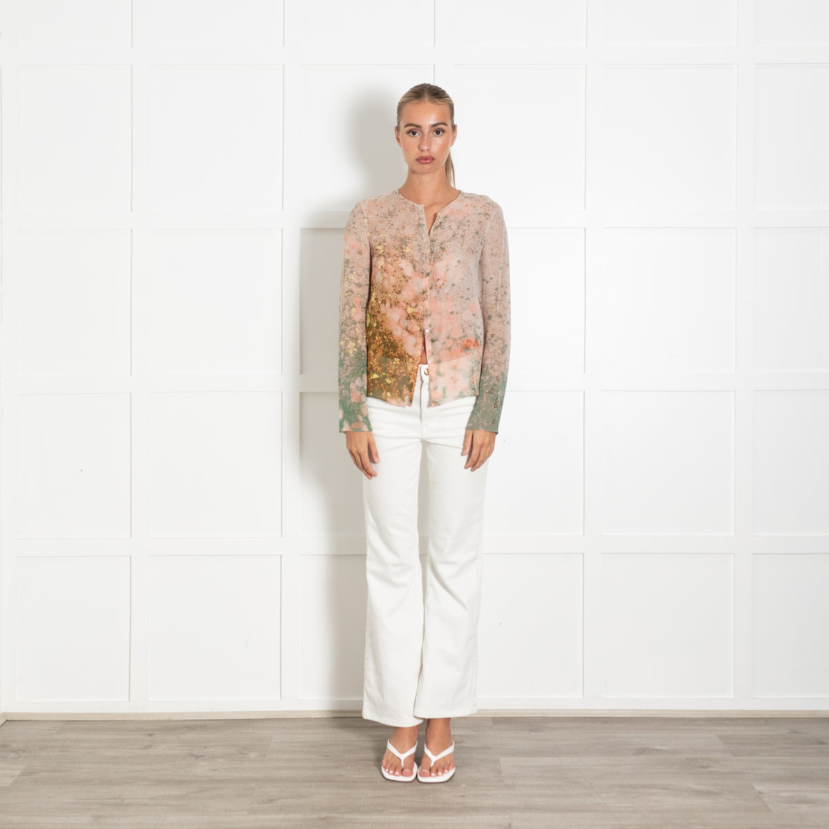 Akris Cream Peach Green Silk Sheer Top