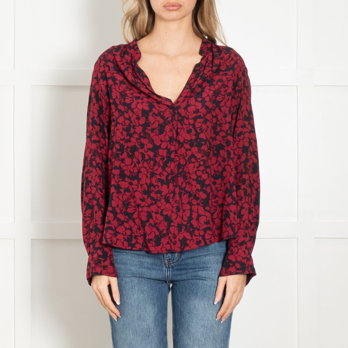 Zadig & Voltaire Red and Navy Floral Long Sleeve Blouse