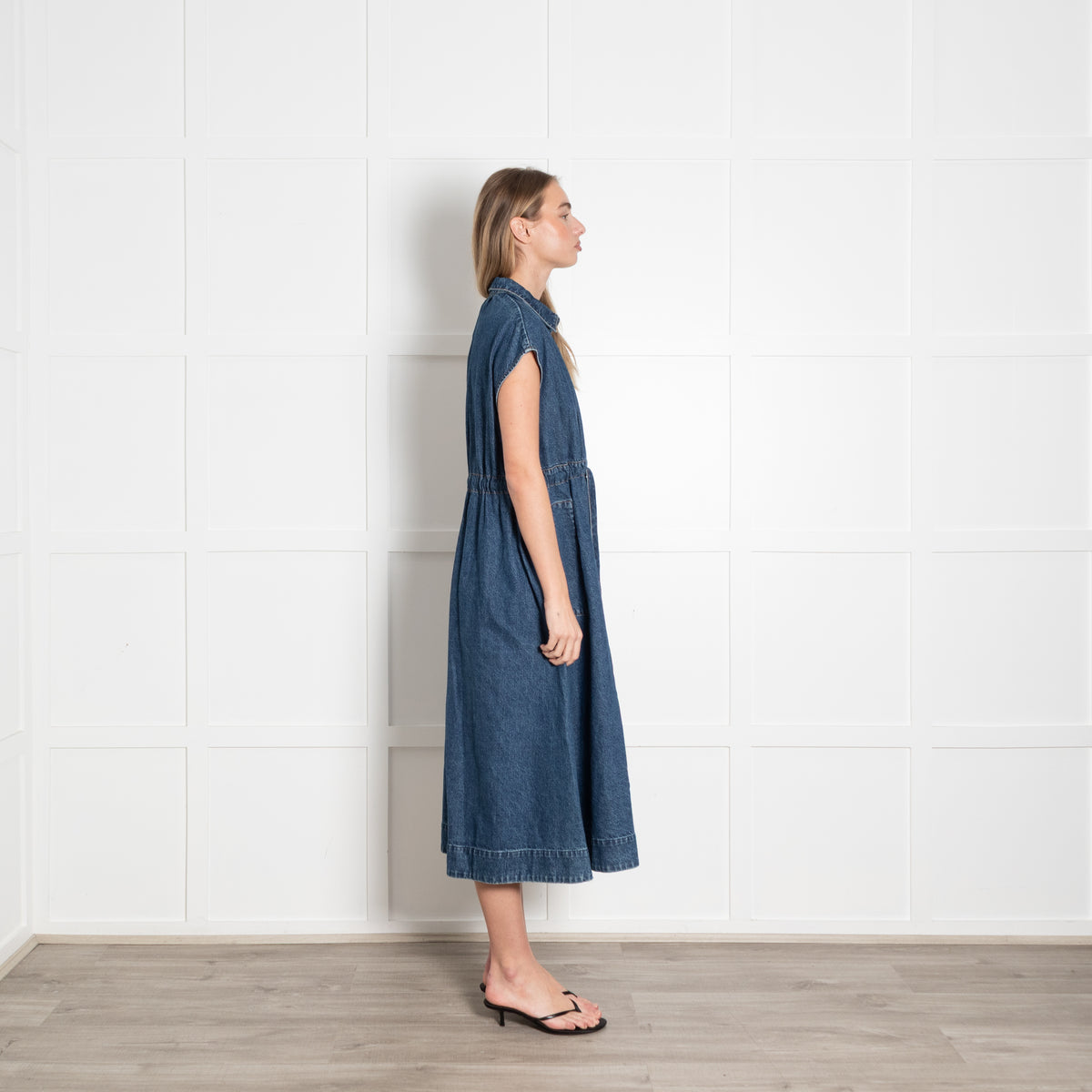 CO Blue Denim Sleeveless Ruched Waist Midi Dress