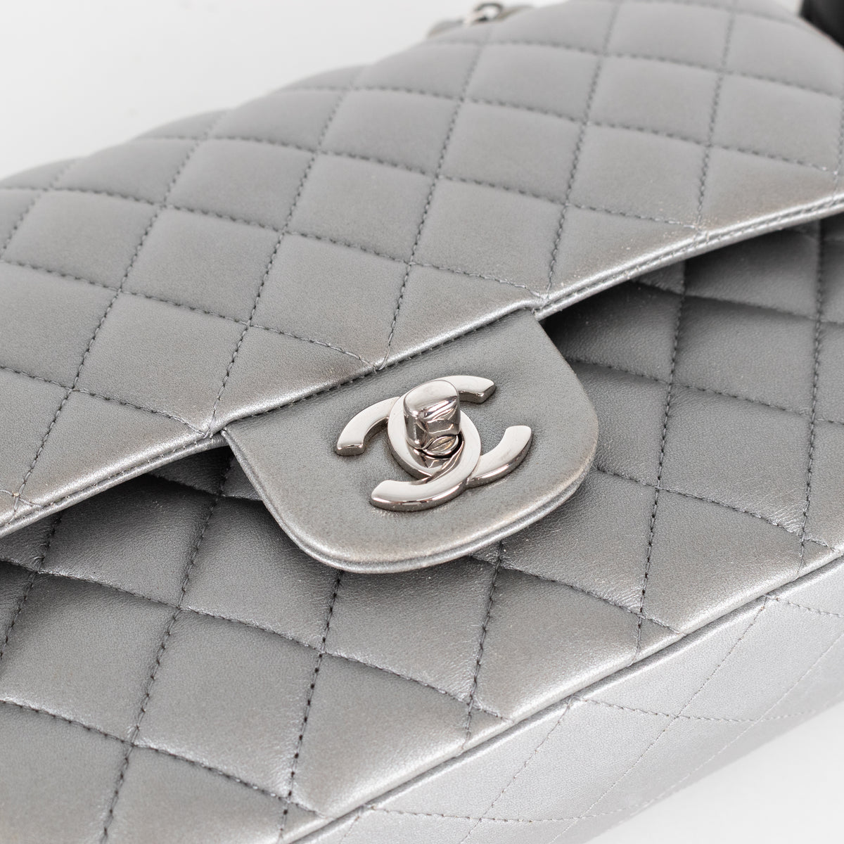 Chanel Quilted Silver Lambskin Medium Classic Flap