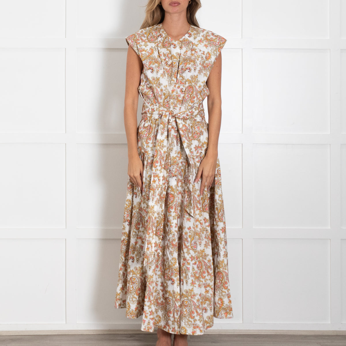 Me + Em Yellow and Orange Paisley Dress With Belt