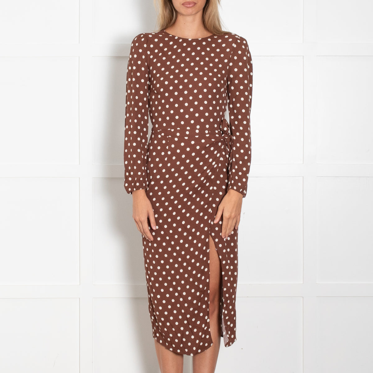 Reformation Brown White Polka Dot Long Sleeve Wrap Detail Dress