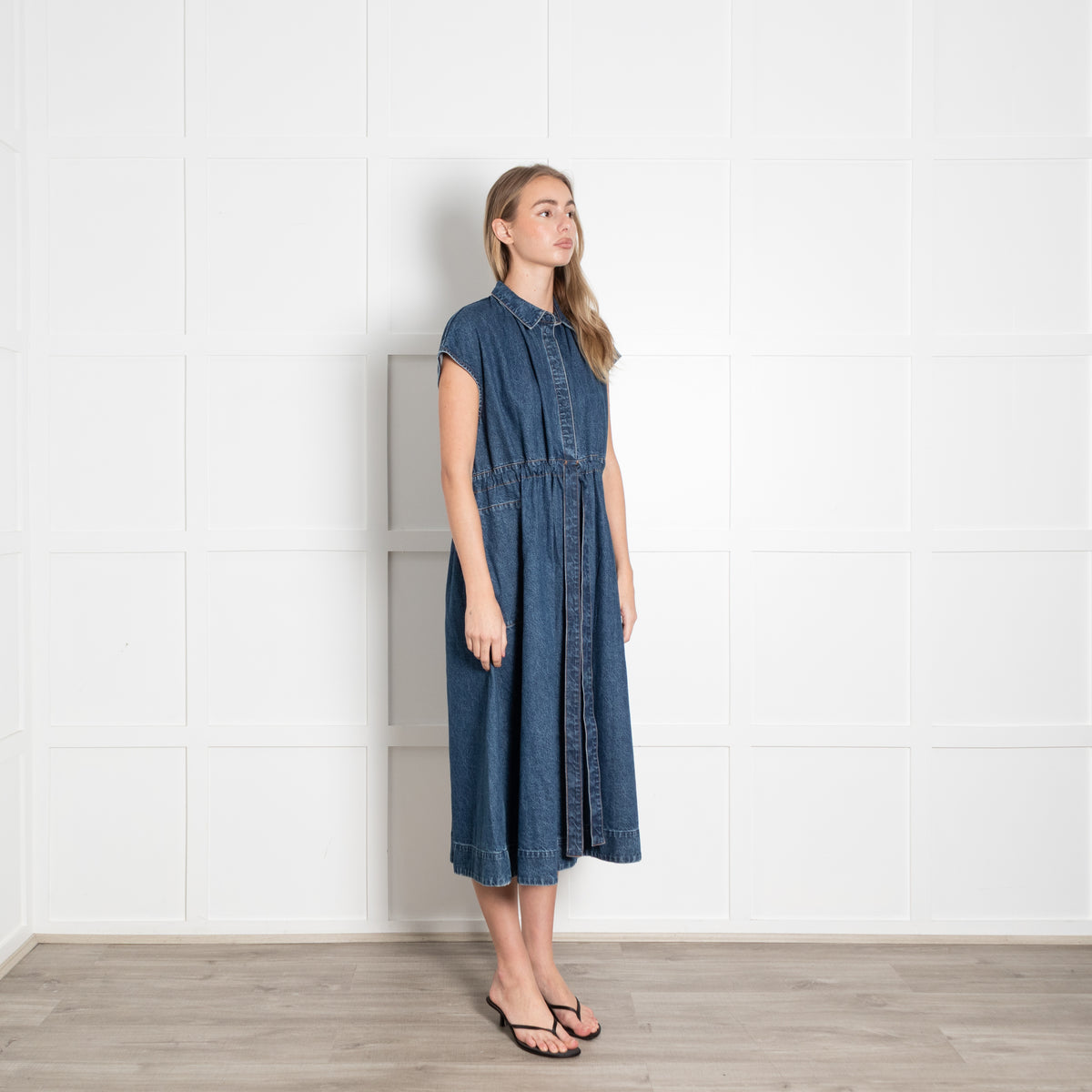 CO Blue Denim Sleeveless Ruched Waist Midi Dress