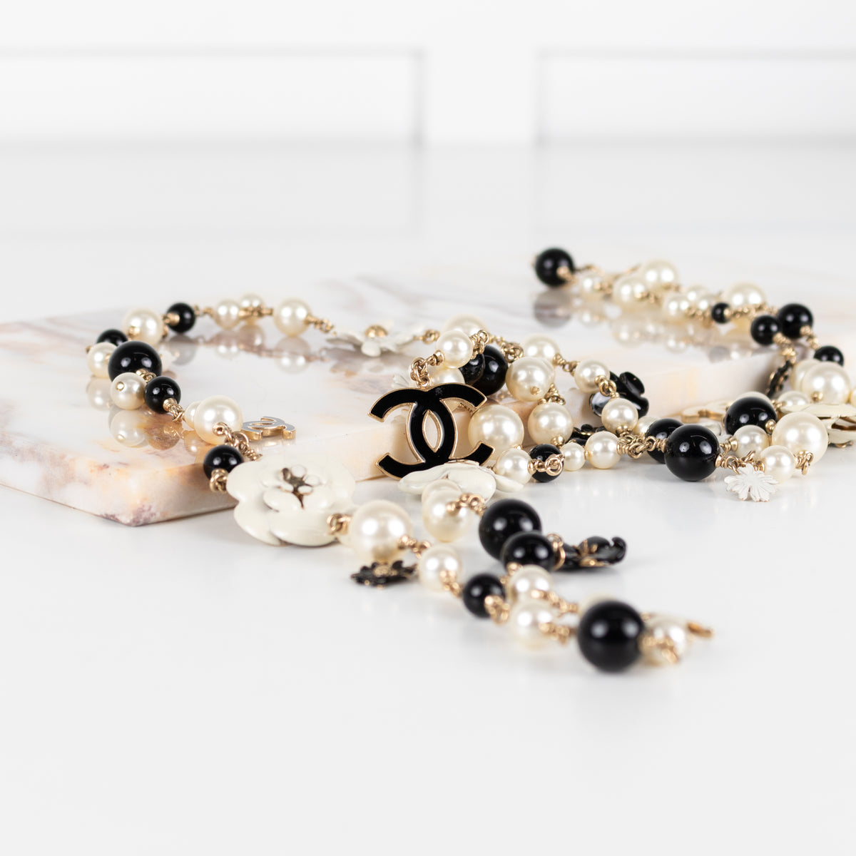 Chanel Black Cream Faux Pearl Camelia Necklace